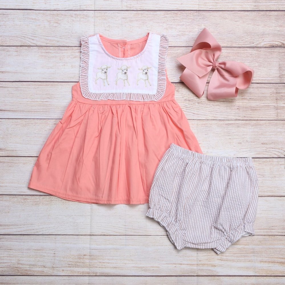 Boutique Easter Lambs Girls Tunic Dress & Bloomers Outfit Set